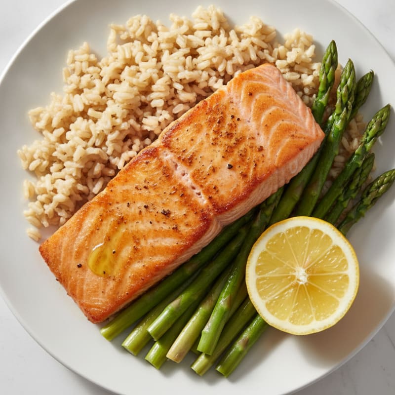 Seared Salmon with Steamed Asparagus and Brown Rice