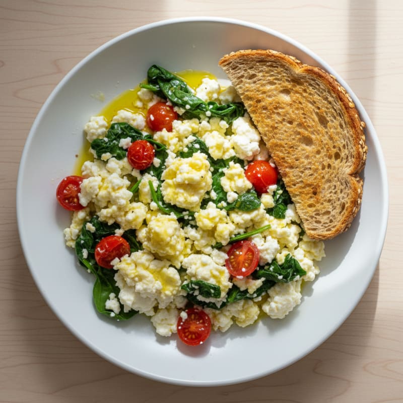 Cottage Cheese Egg Scramble with Spinach and Cherry Tomatoes