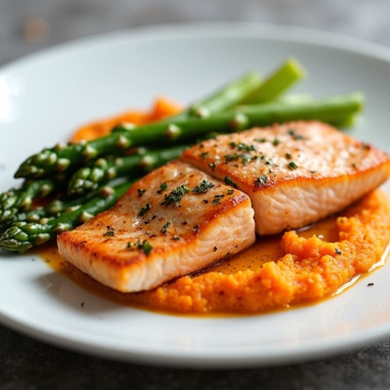 Seared Salmon with Roasted Asparagus and Sweet Potato Mash