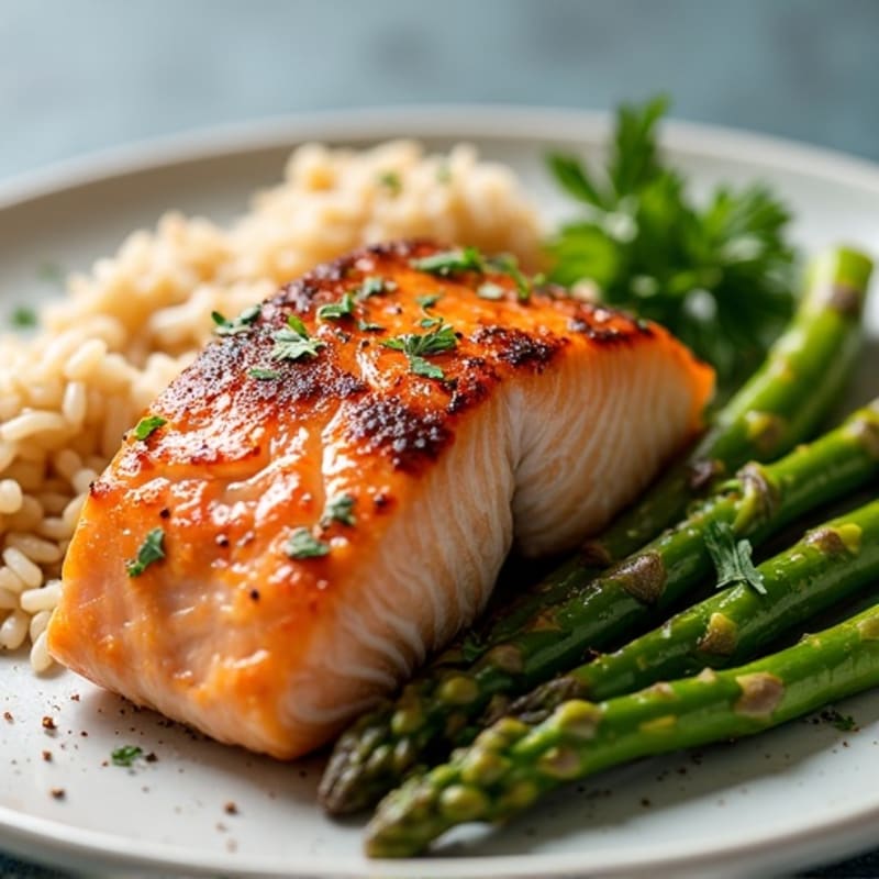 Seared Salmon Filet with Steamed Asparagus and Brown Rice