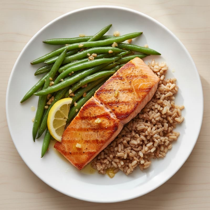 Seared Salmon with Garlic Green Beans and Brown Rice