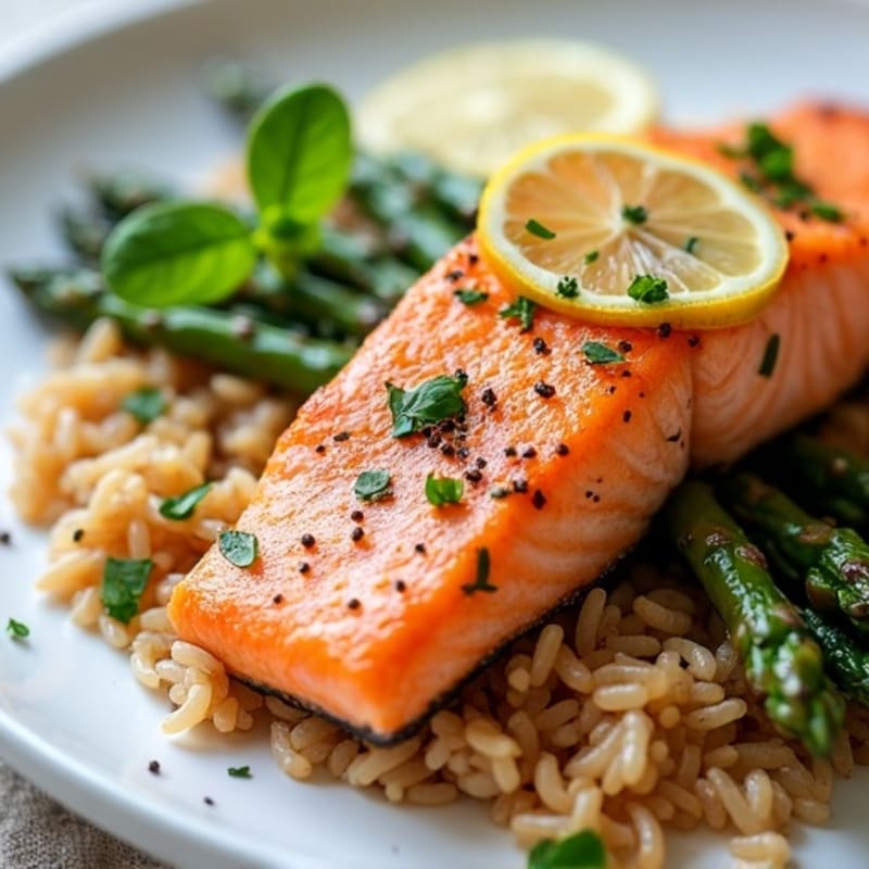 Seared Salmon with Steamed Asparagus and Brown Rice
