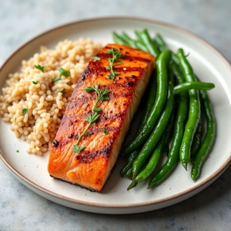 Seared Salmon Fillet with Steamed Green Beans and Brown Rice