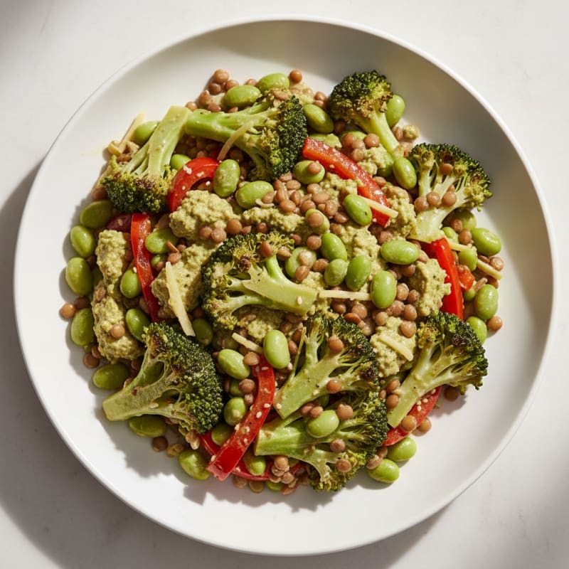 Lentil and Vegetable Stir-Fry with Silken Edamame Sauce