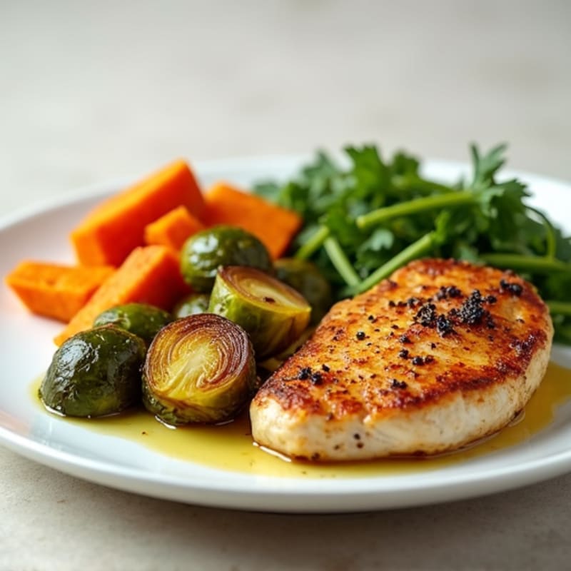 Seared Chicken Breast with Roasted Brussels Sprouts and Sweet Potato