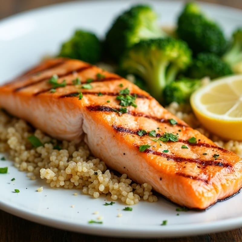 Grilled Lemon-Garlic Salmon with Steamed Broccoli and Quinoa