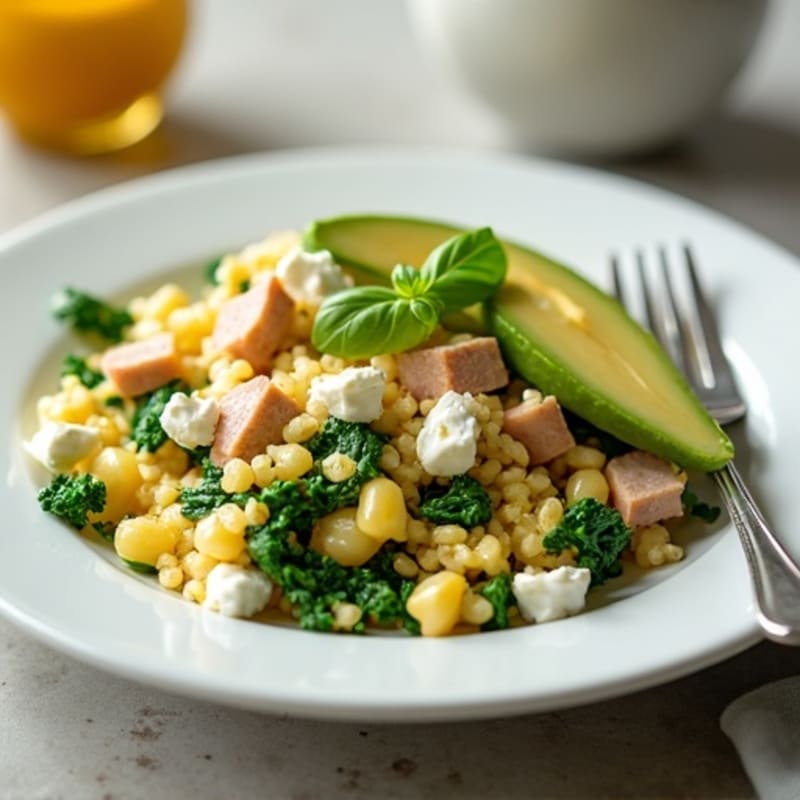 Egg White and Spinach Scramble with Cottage Cheese and Sliced Turkey