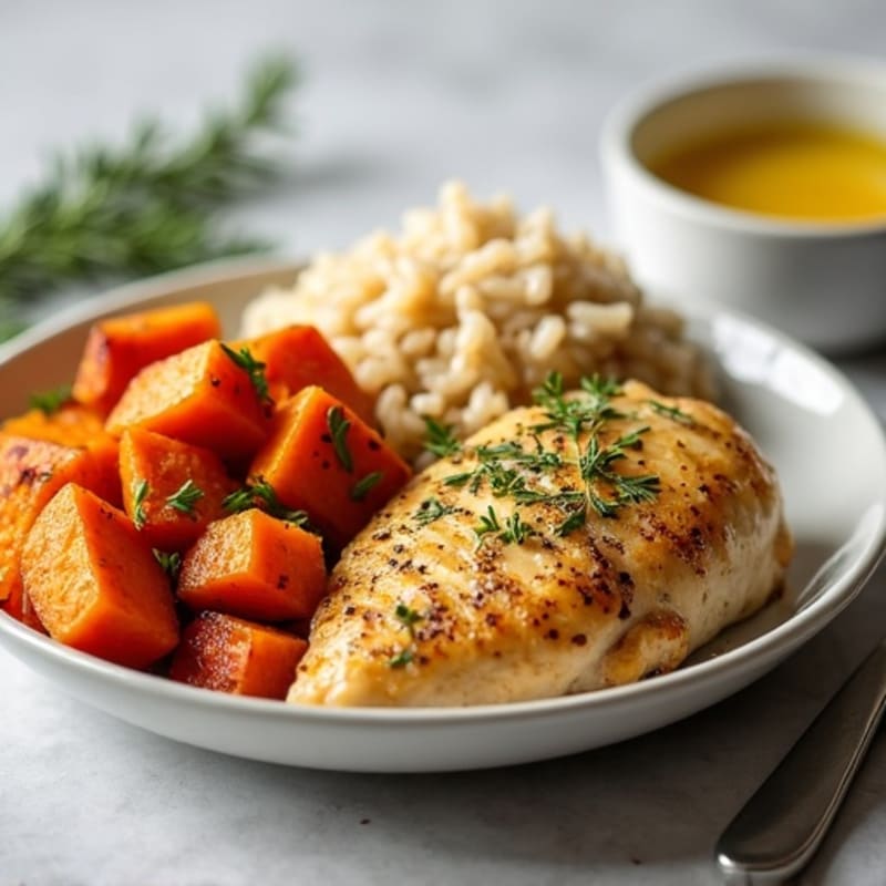 Lemon Herb Chicken with Roasted Sweet Potatoes and Brown Rice