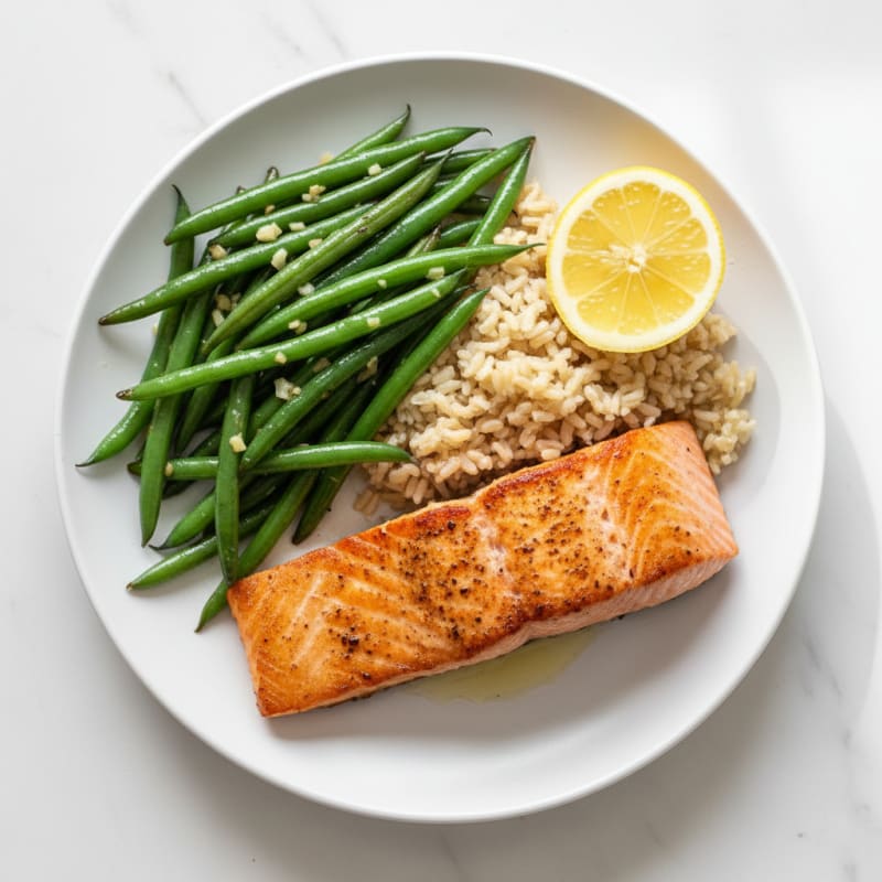 Seared Salmon with Garlic Green Beans and Brown Rice