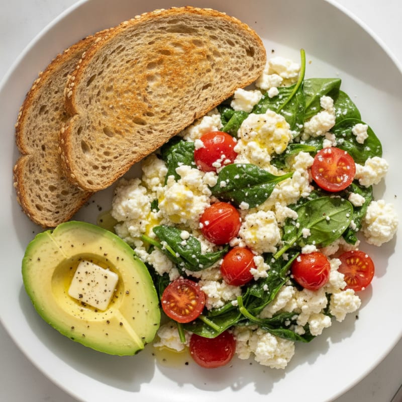 Cottage Cheese Egg White Scramble with Spinach and Cherry Tomatoes
