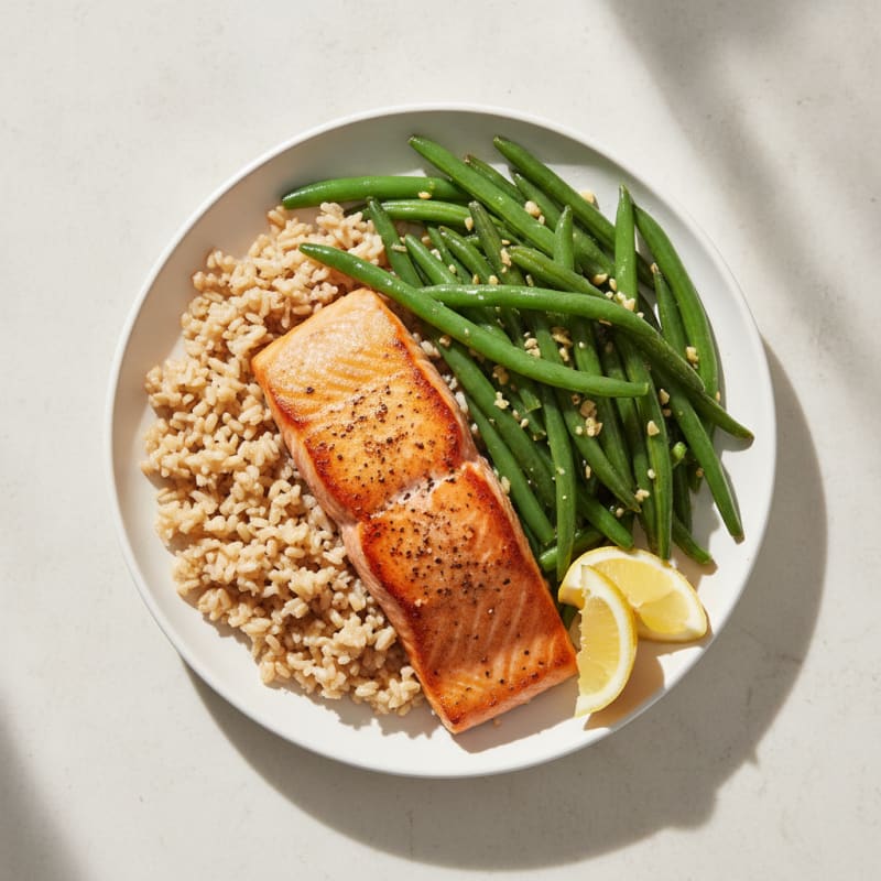 Seared Salmon with Garlic Green Beans and Brown Rice