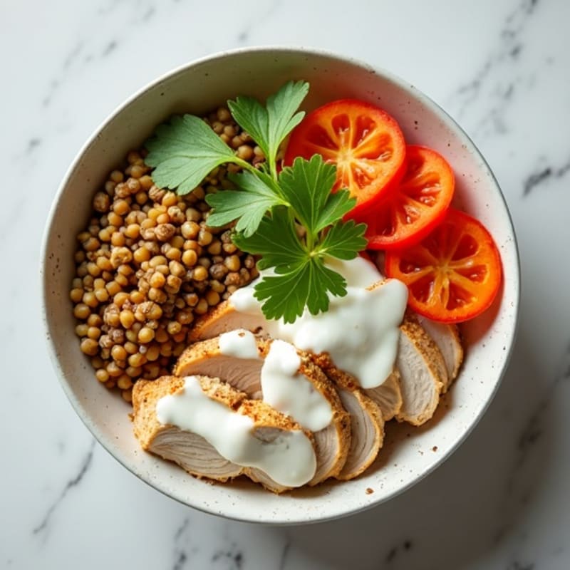 Protein-Packed Sprouted Bean Bowl with Shredded Chicken and Creamy Yogurt Sauce
