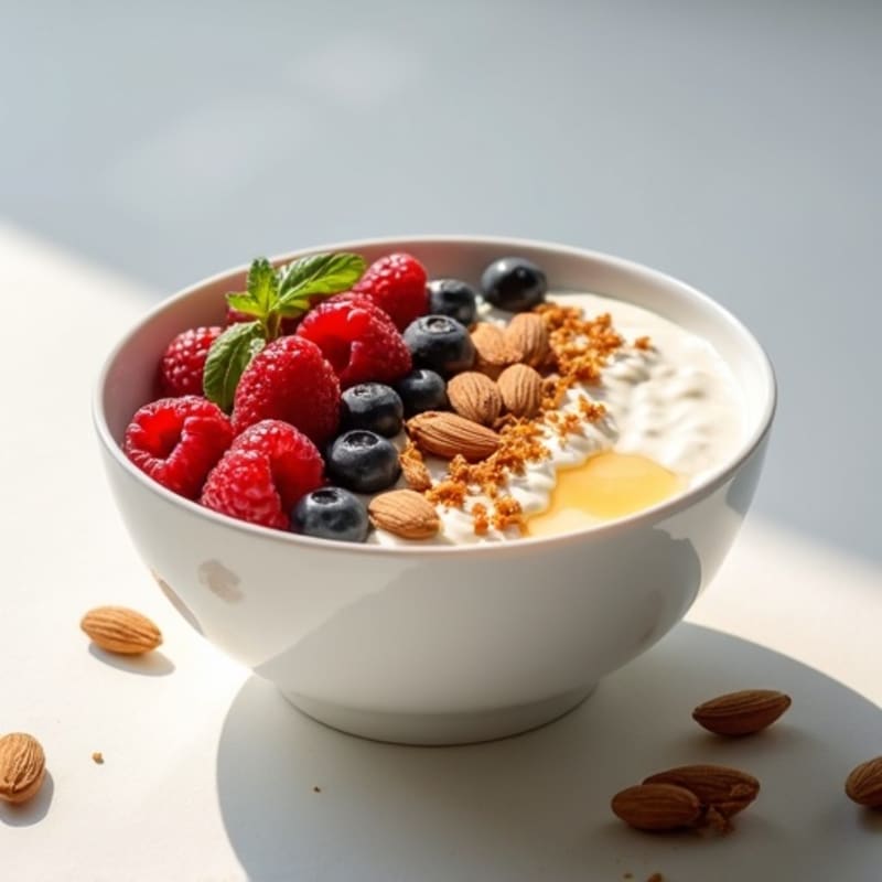 Silky Protein Yogurt Bowl with Mixed Berries and Almonds