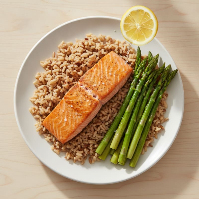 Seared Salmon with Steamed Asparagus and Brown Rice