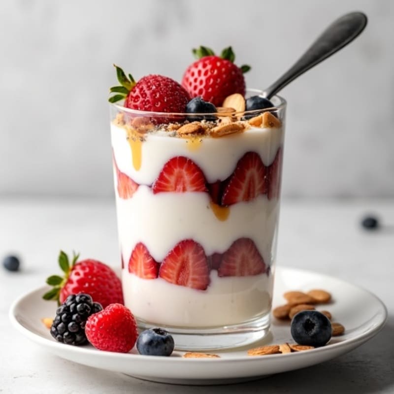 Vanilla Greek Yogurt Protein Parfait with Mixed Berries and Almonds