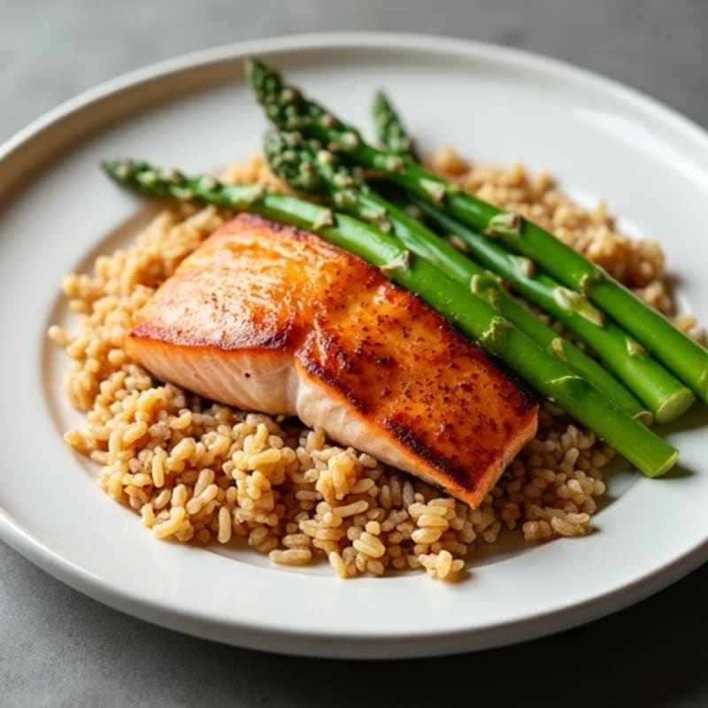 Seared Salmon with Steamed Asparagus and Brown Rice