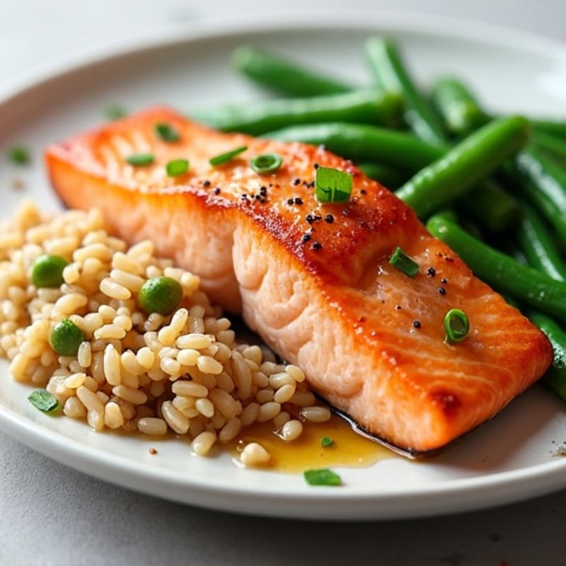 Seared Salmon with Steamed Green Beans and Brown Rice