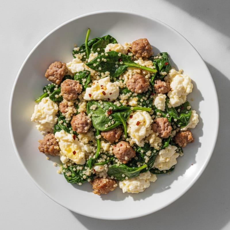 Egg White and Turkey Sausage Scramble with Sautéed Spinach and Quinoa
