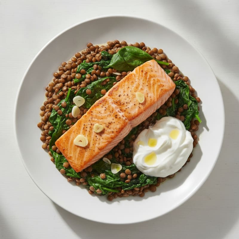 Seared Salmon with Creamy Lentil and Spinach Pilaf
