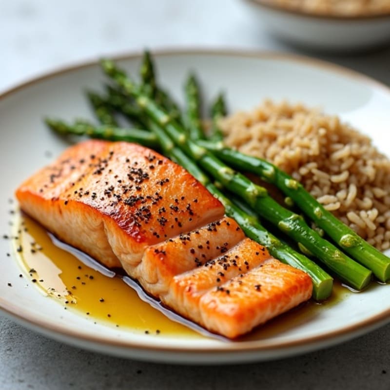 Seared Salmon with Steamed Asparagus and Brown Rice
