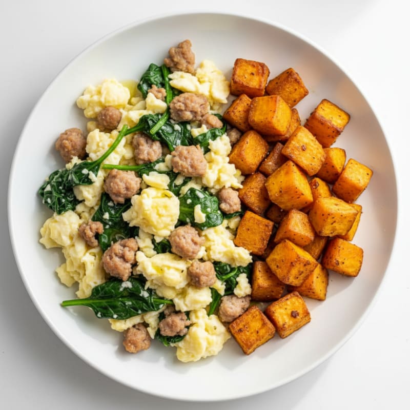 Egg White and Turkey Sausage Scramble with Spinach and Roasted Sweet Potato