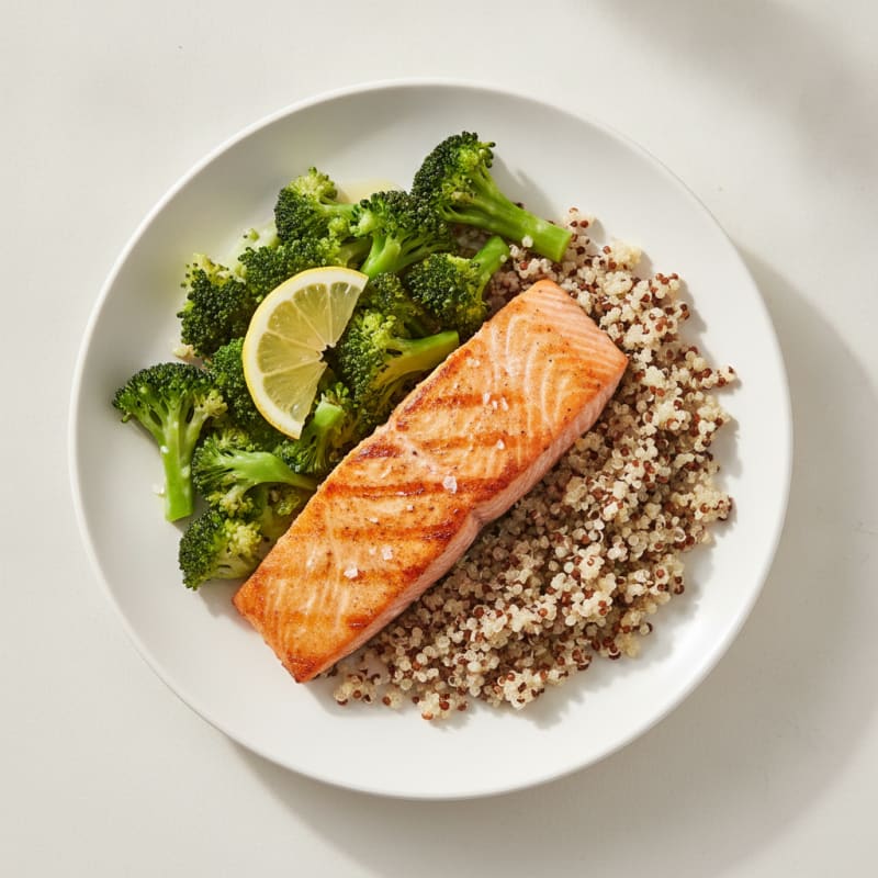 Seared Salmon with Steamed Broccoli and Quinoa