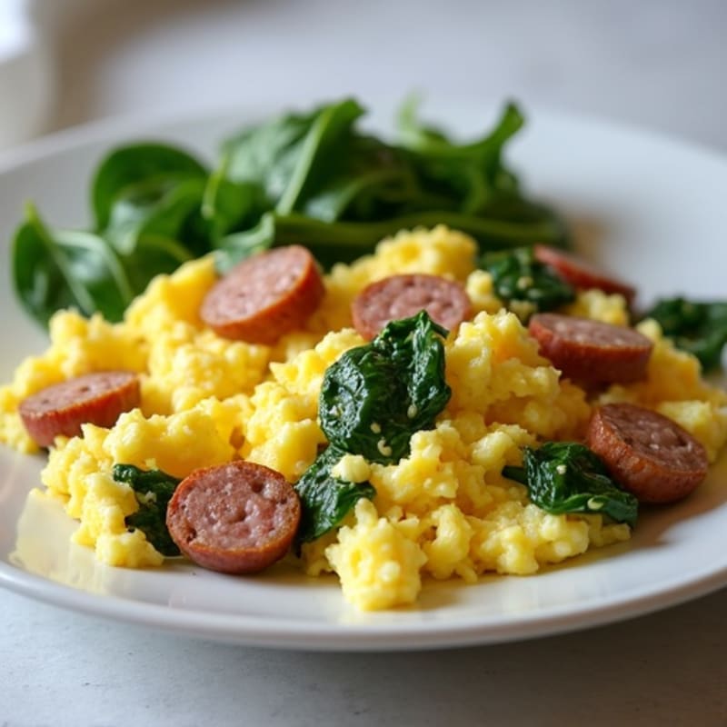 Egg White Scramble with Turkey Sausage and Sautéed Spinach