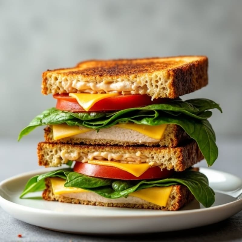 Stacked Whole Grain Grilled Cheese with Fresh Spinach and Lean Turkey