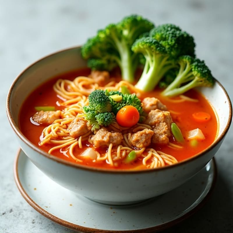 Spicy Sriracha Chicken Ramen Soup with Fresh Vegetables
