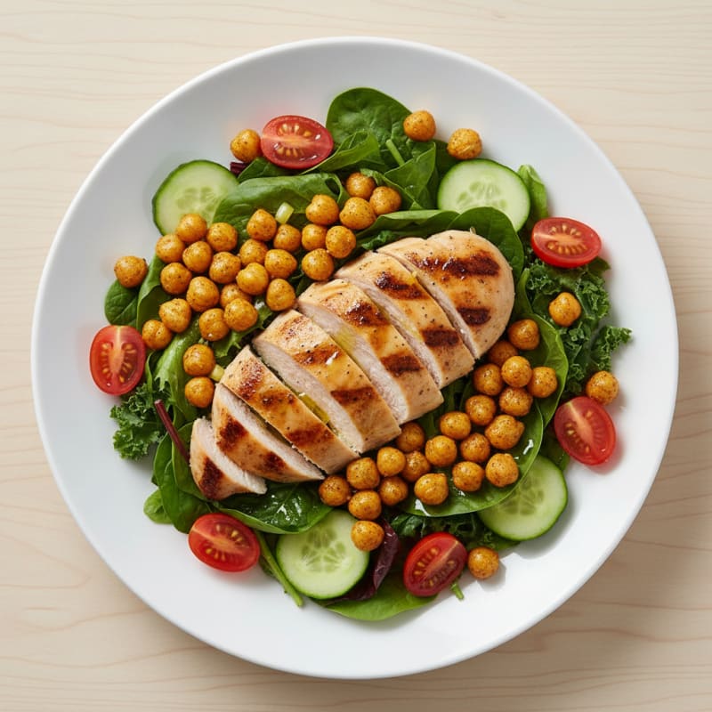 Grilled Chicken Breast Salad with Crunchy Chickpeas and Mixed Greens