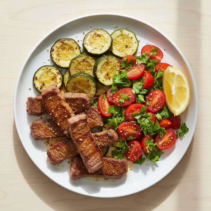 Seared Lean Beef Strips with Roasted Zucchini and Tomato Salad
