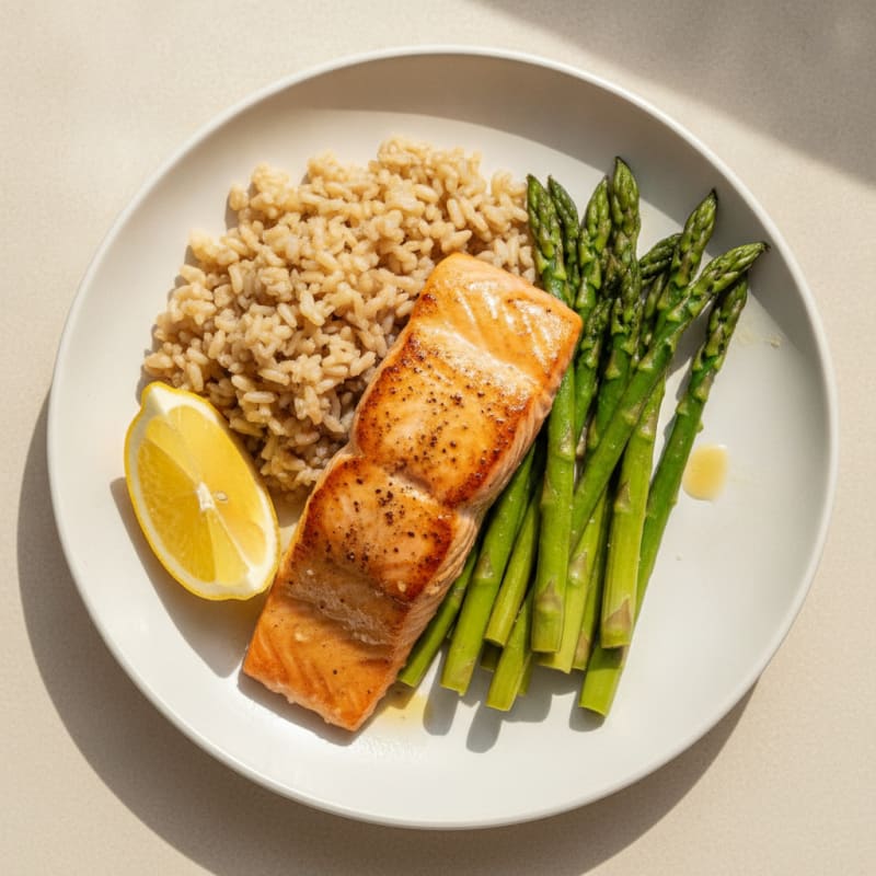 Seared Salmon Fillet with Steamed Asparagus and Brown Rice