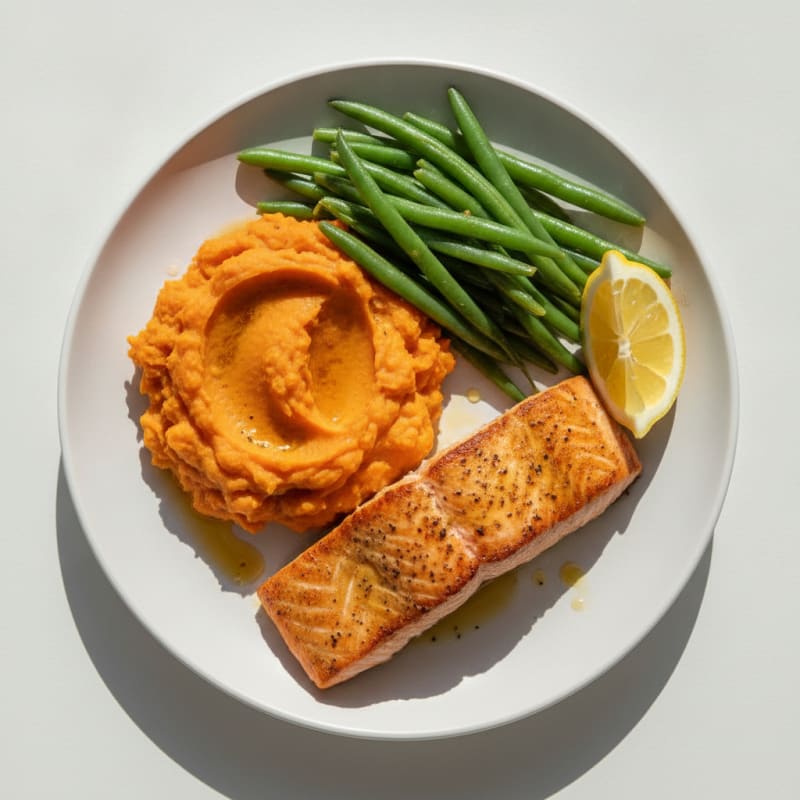 Seared Salmon with Steamed Green Beans and Mashed Sweet Potatoes