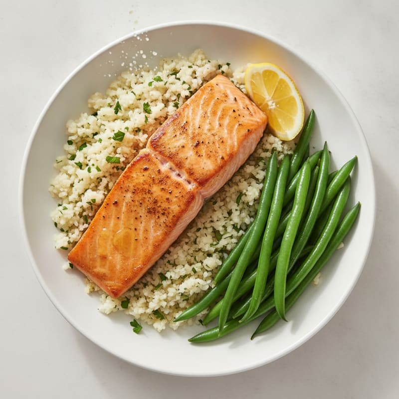 Seared Salmon with Herbed Cauliflower Rice and Steamed Green Beans