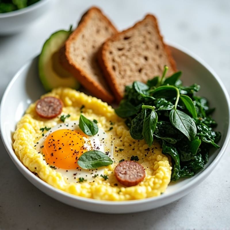 Egg White and Turkey Sausage Scramble with Sautéed Spinach