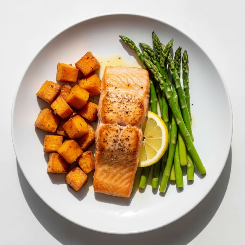 Seared Salmon Fillet with Roasted Sweet Potatoes and Asparagus
