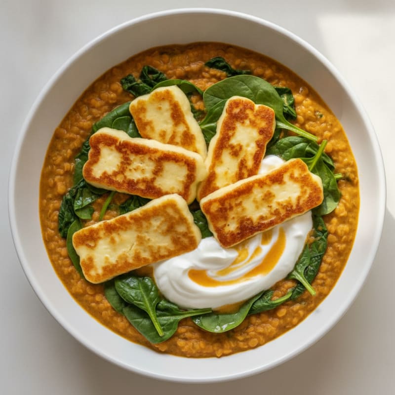 Silky Lentil and Spinach Curry with Grilled Halloumi
