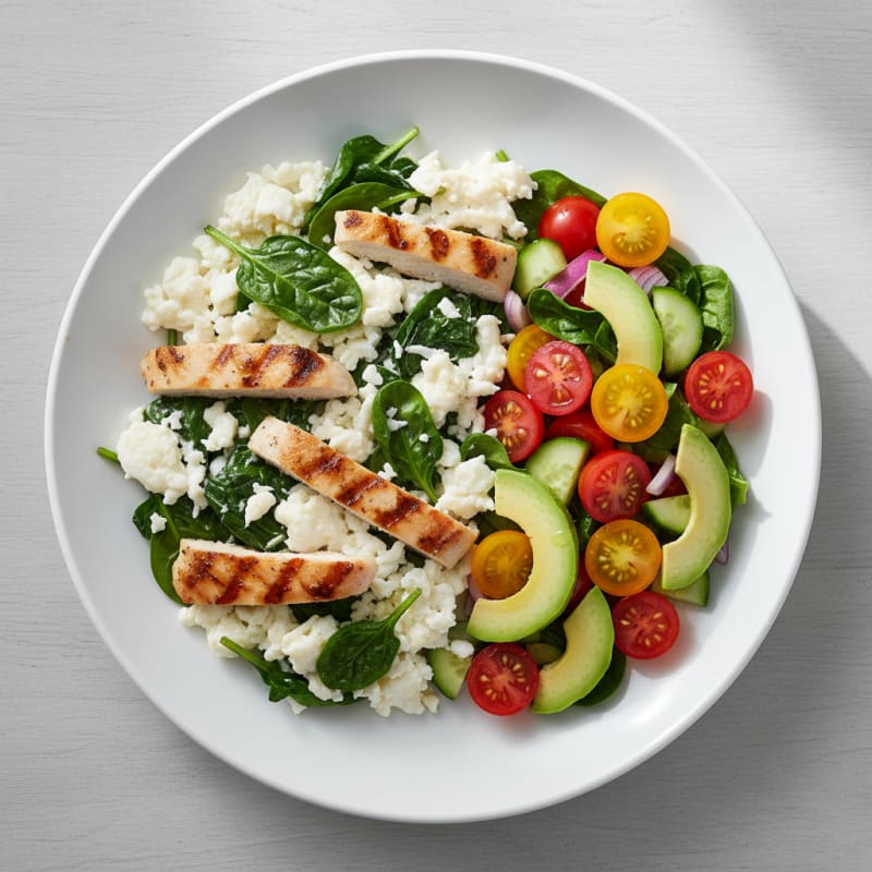Egg White and Spinach Scramble with Grilled Chicken and Tomato Salad