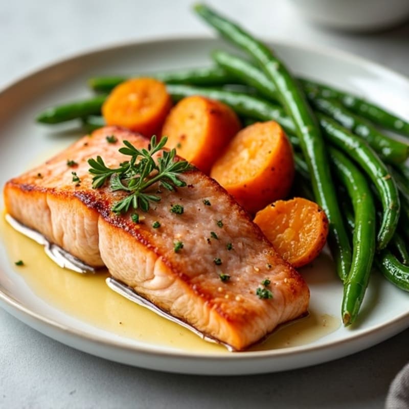 Seared Salmon with Roasted Sweet Potato and Garlic Green Beans