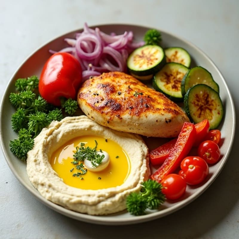 Creamy Hummus Platter with Lemon-Garlic Chicken and Fresh Roasted Vegetables