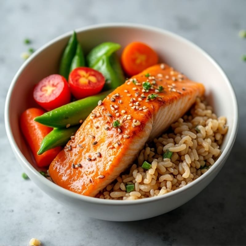 Sesame-Ginger Salmon Rice Bowl with Fresh Vegetables