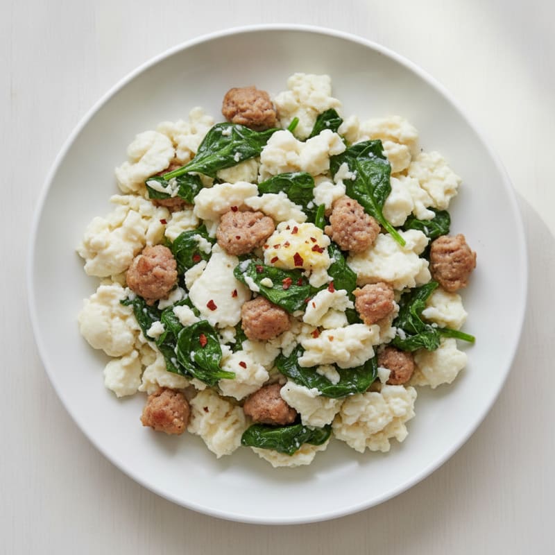 Egg White Scramble with Turkey Sausage and Sautéed Spinach