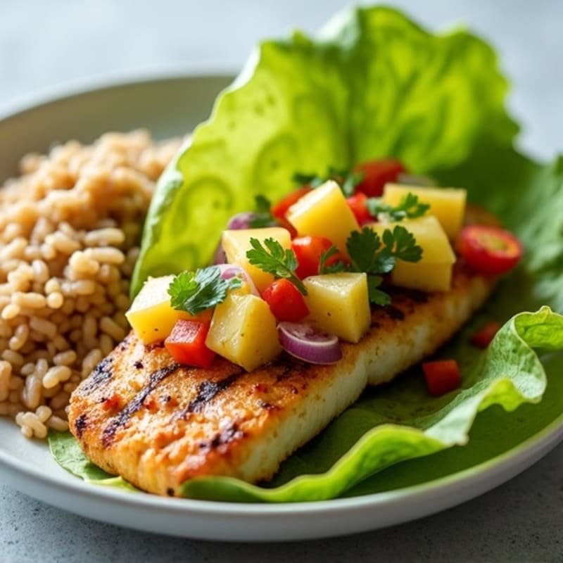Grilled Fish Lettuce Wraps with Pineapple Pico and Rice