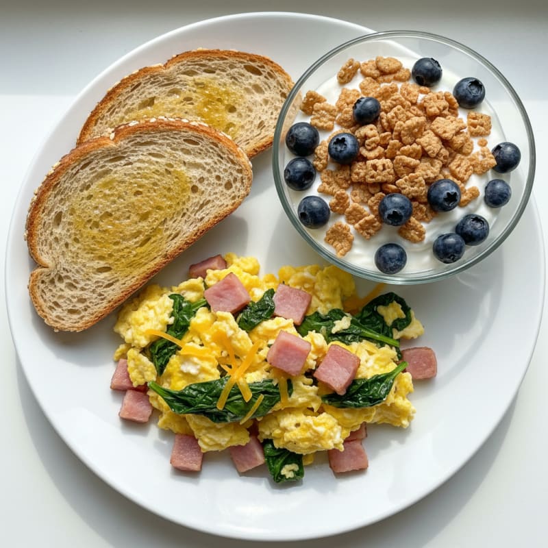 Egg and Ham Scramble with Whole Grain Toast and Greek Yogurt Parfait
