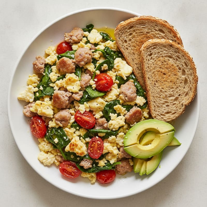 Egg White and Turkey Sausage Scramble with Spinach and Cherry Tomatoes