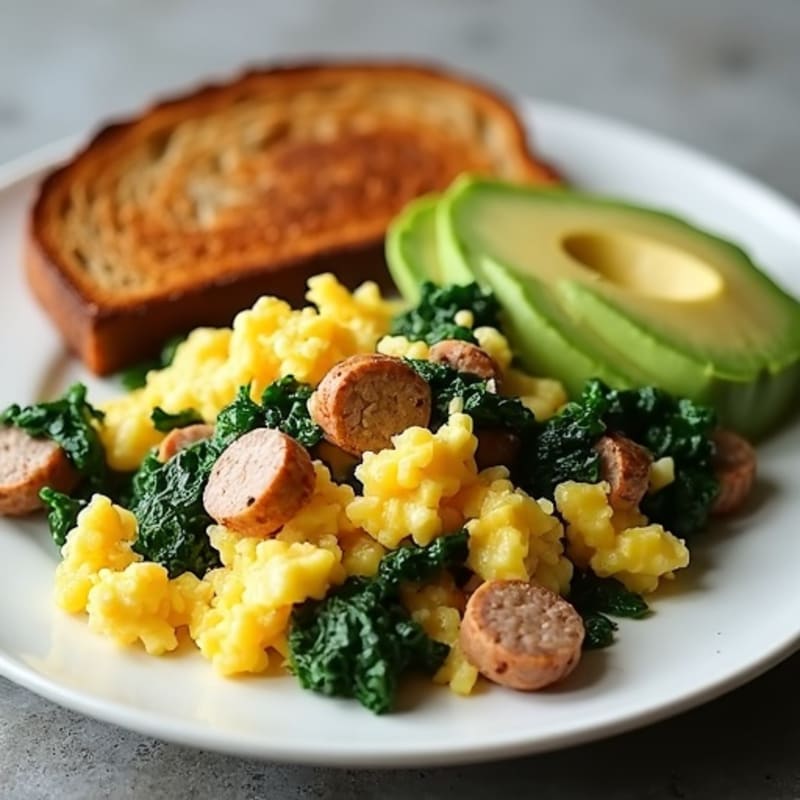 Egg White and Turkey Sausage Scramble with Sautéed Spinach