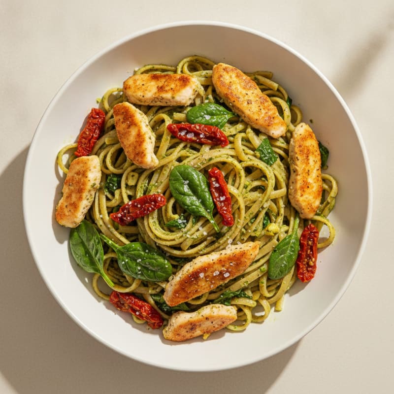 Pesto Chicken Linguine with Sun-Dried Tomatoes