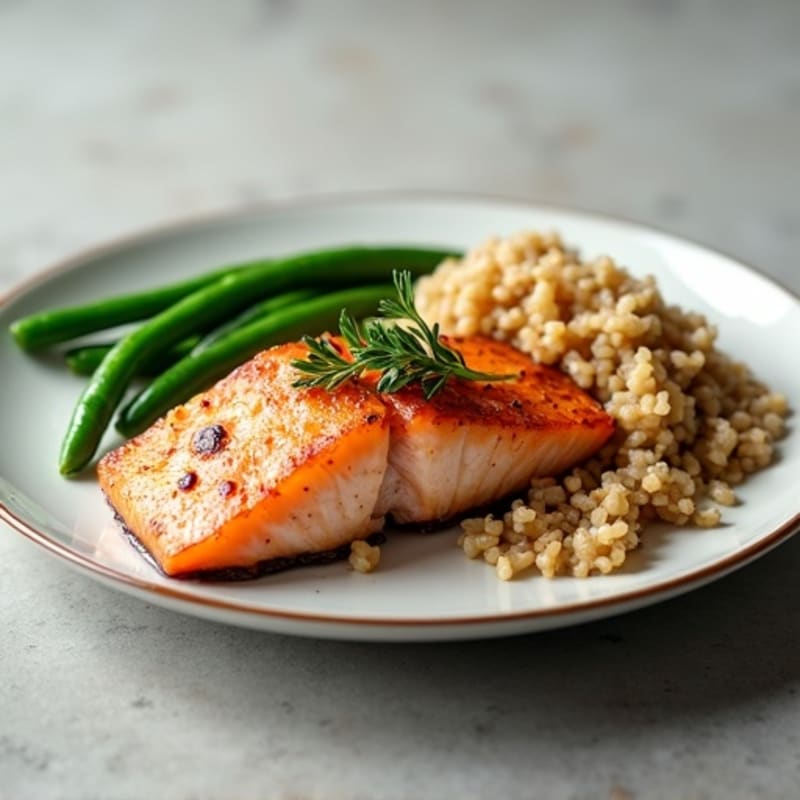 Seared Salmon with Steamed Green Beans and Brown Rice