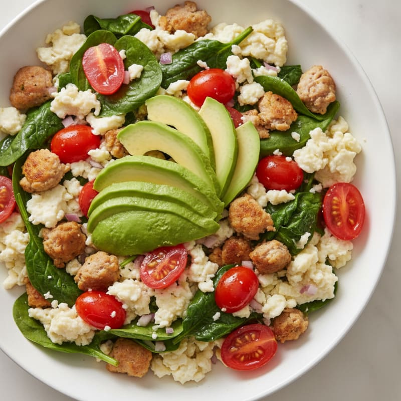 Egg White and Turkey Sausage Scramble with Spinach and Tomatoes