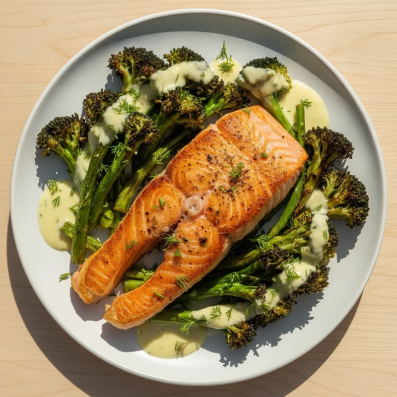 Seared Salmon Fillet with Roasted Broccoli and Lemon Yogurt Sauce